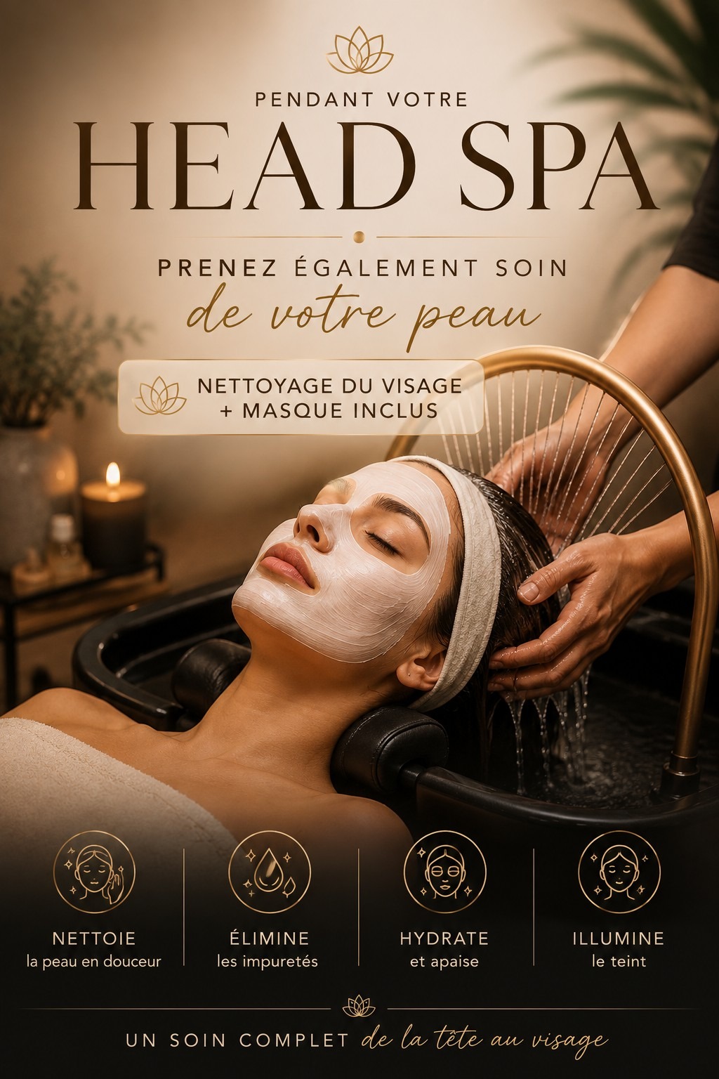 Visuel Head Spa avec masque du visage et soin sous une fontaine d’eau