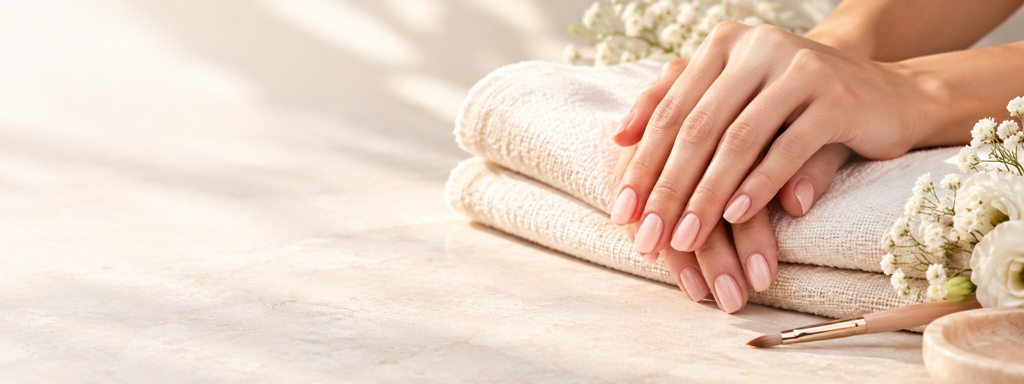 Manucure nude sur linge ivoire et fleurs blanches, page Onglerie à Quimper