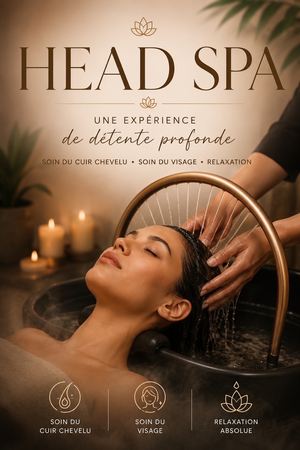 Rituel Head Spa avec massage du cuir chevelu sous une fontaine d’eau