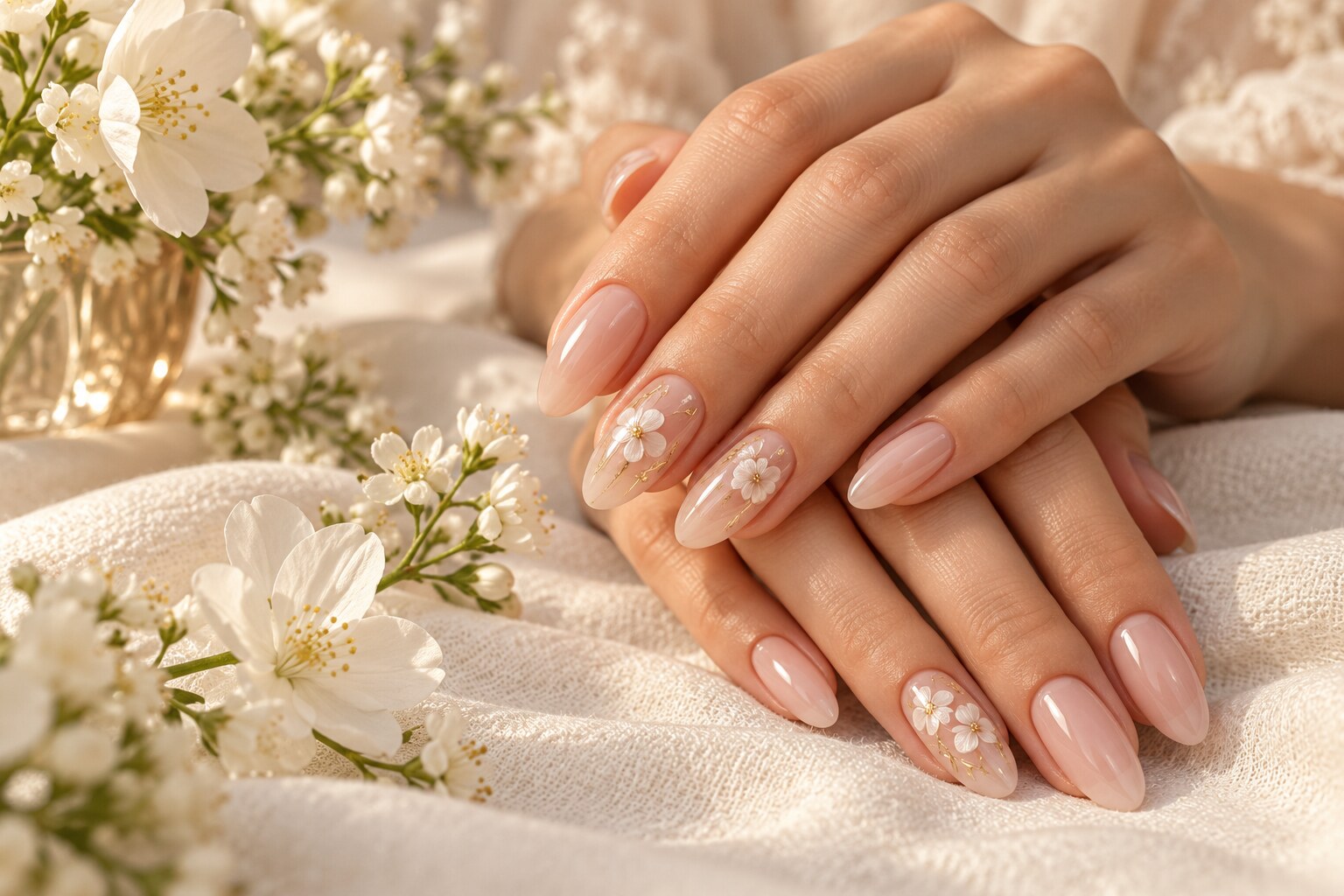 Nail art floral nude avec motifs blancs et détails dorés