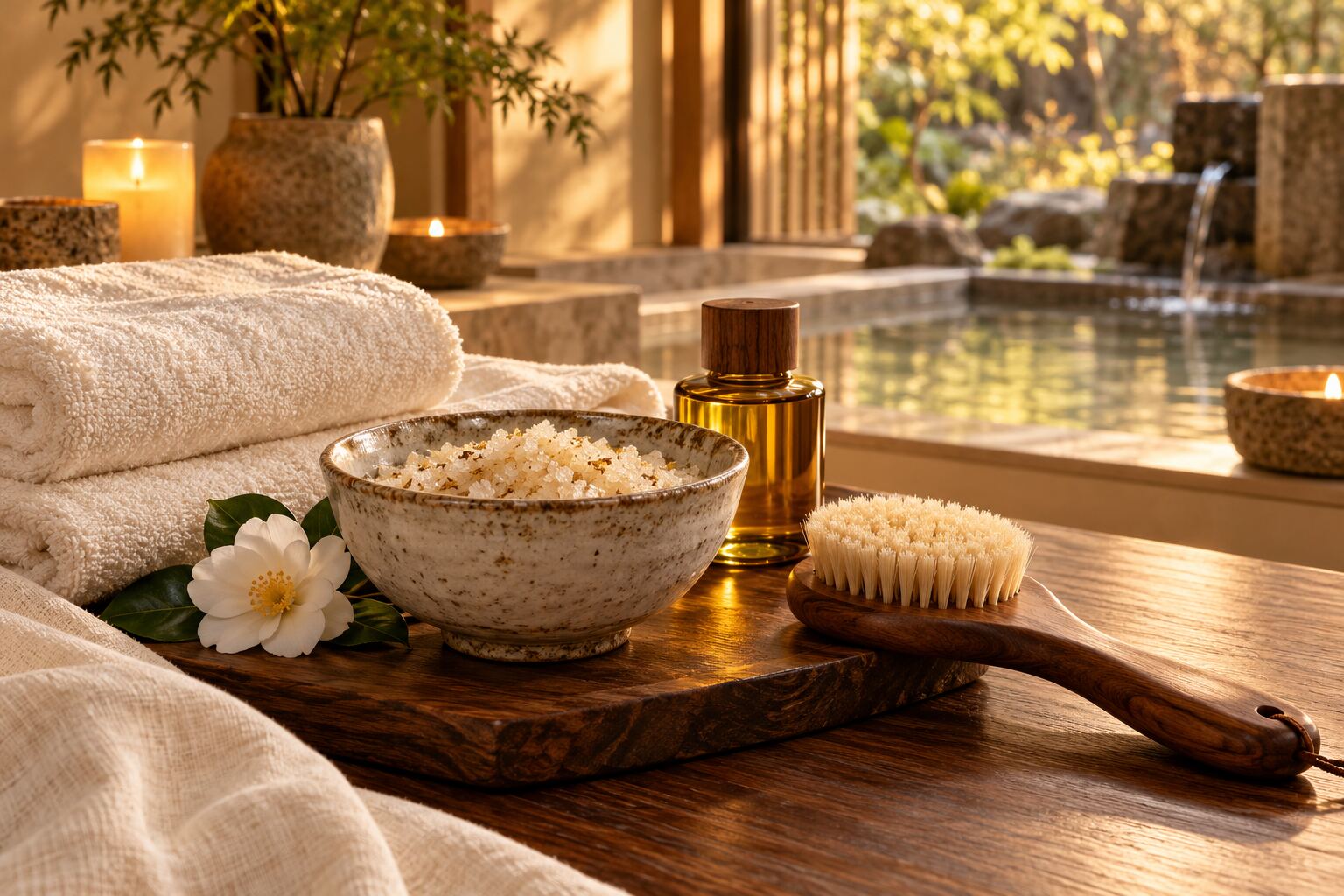 Bol de gommage, serviettes ivoire et huile de soin dans une ambiance spa dorée