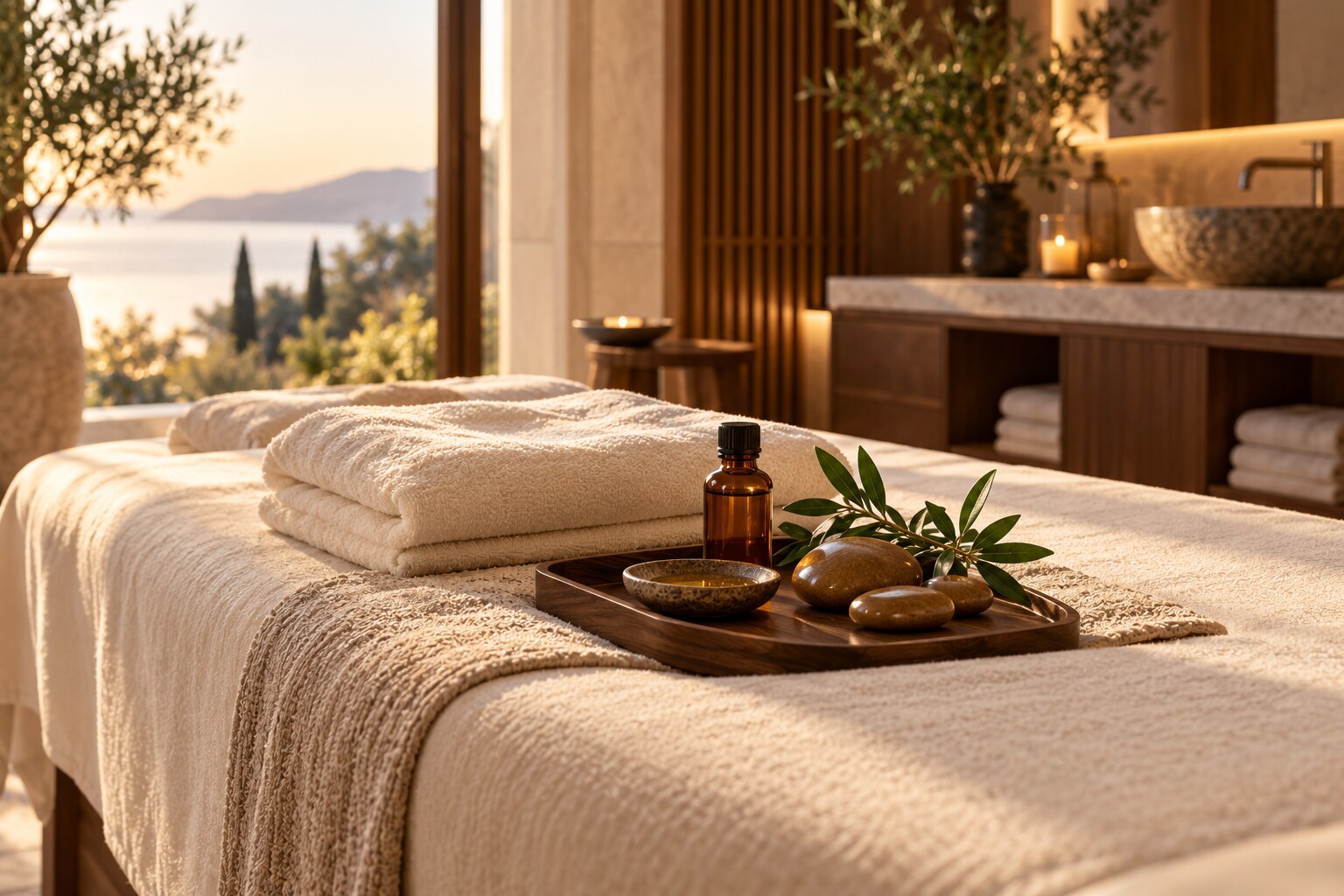 Préparation d’un massage dans un espace spa raffiné, serviettes et huile de soin